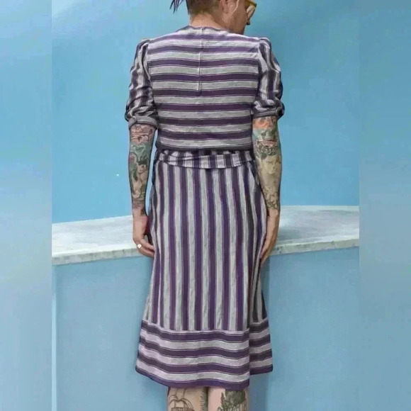 Vintage 80's,Gray & purple Striped,Midi Dress with 3/4 Sleeves-M - Picture 6 of 12